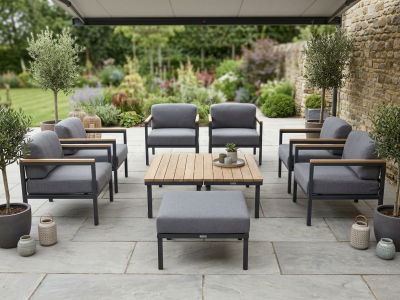 Zebra Hudson Set XL, 6 Sessel mit Polster, 2 Loungetische, 1 Hocker mit Kissen