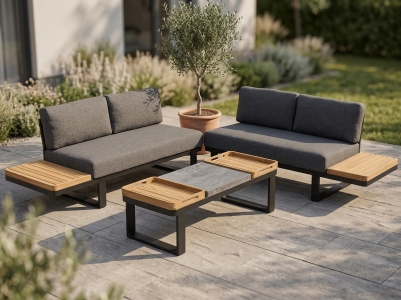 AppleBee Mura Lounge Black Set inkl. Polster, 2 Loungesafa mit Ablage und 1 Kaffeetisch 140x60cm