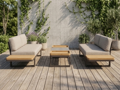 AppleBee Mura Lounge Taupe Set, 2 Loungesofa mit Ablage und 1 Kaffeetisch