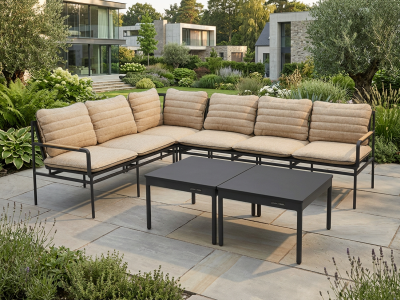 Zebra Max Ecklounge-Set 180,5x232cm ink. Polster, Teak-Armlehnen und 2 Tischen