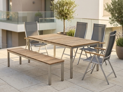 Zebra Set Naxos-One Sitzgarnitur, 1 Tisch aus recyceltem Teakholz 180x100cm, 4 Klappsessel und eine Bank aus recyceltem Teakholz