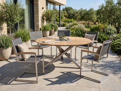Zebra Oryx Edge-Pontiac Gartenm&ouml;belset, Tisch rund aus recyceltem Teak, 5 Schwingsessel