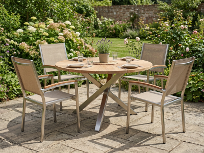 Zebra Oryx Pontiac Gartenm&ouml;belset, 1 Tisch rund aus recyceltem Teak, 4 Hochlehner stapelbar