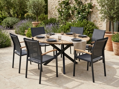 Zebra Alex & Oryx Edge Gartenm&ouml;belset, 1 Tisch rund 135cm aus recyceltem Teakholz, 5 Stapelsessel Alex