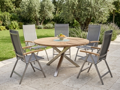 Zebra Oryx-One Gartenm&ouml;belset, 1 Tisch rund aus recyceltem Teakholz und 5 Klappsessel