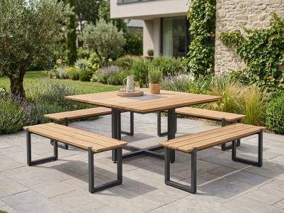 Zebra Gartenm&ouml;belset Quadux Alu-Graphit, 4 B&auml;nke und 1 Tisch 140x140cm aus recyceltem Teakholz