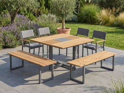 Zebra Quadux Gartenm&ouml;belset, 4 Stapelsessel, 1 Tisch 140x140cm und 2 B&auml;nke aus recyceltem Teakholz