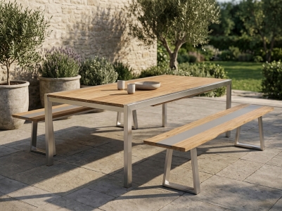 Zebra Unyx-Kubex Gartenm&ouml;belset, 1 Ausziehtisch 220-340x100cm und 2 B&auml;nke 220cm aus recyceltem Teakholz