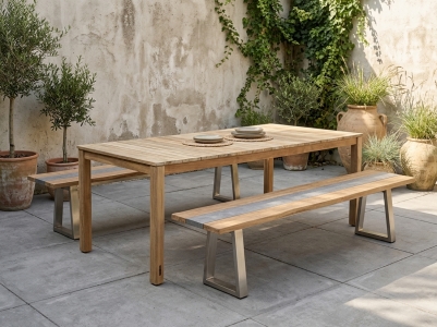 Zebra Derex-Unyx Gartenm&ouml;belset, 1 Tisch 220x100cm und 2 B&auml;nke 220x44cm aus recyceltem Teakholz
