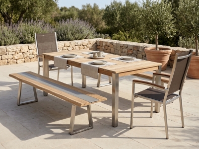 Zebra Derex-Unyx Gartenm&ouml;belset, 2 Stapelsessel, 1 Tisch 220x100cm und 2 B&auml;nke aus recyceltem Teakholz,