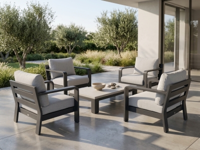 AppleBee Delgado Lounge-Set, 4 Sessel mit Polster und 1 Kaffeetisch 130x70x27cm Aluminium anthrazit