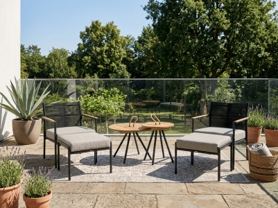 AppleBee Jakarta & Elle Belt Loungeset, 2 Sessel mit Polster, 2 Ottomane mit Polster und 1  Kaffeetisch-Set Teak