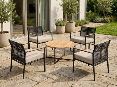 AppleBee Jakarta & Condor Loungeset, 4 Loungesessel und 1 Loungetisch 94cm mit Teakplatte