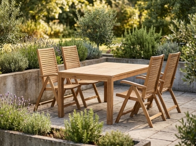 Volos-Bali Gartenm&ouml;belgarnitur aus Teakholz, 4 Hochlehner klappbar und 1 Tisch 160x90cm