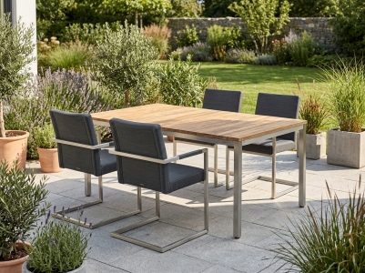 Ned-Naxos Gartenm&ouml;bel-Set, 6 Freischwinger und 1 Tisch 180x100cm aus recyceltem Teakholz
