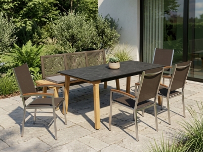 Zebra Lenyx - Pontiac Gartenm&ouml;belset, 4 Stapelsessel, 1 Tisch 160x95cm und 1 Sitzbank 180cm mit R&uuml;ckenlehne