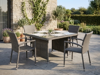 Alexander Rose Monte Carlo grau Gartenm&ouml;belset, 4 Stapelsessel und 1  Tisch 130x130cm Geflecht mit Glasplatte
