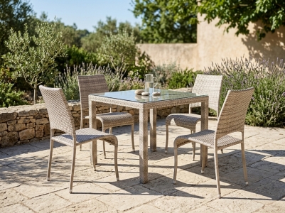 Alexander Rose Ocean Pearl Gartenm&ouml;belset, 4 Stapelsessel und 1 Tisch mit Glasplatte 81x81cm