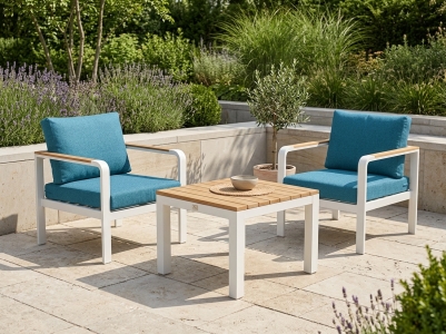 Best Richmond Loungeset wei&szlig;, Polster blau, 2 Sessel und ein Loungetisch 78x78cm mit Teakholzplatte