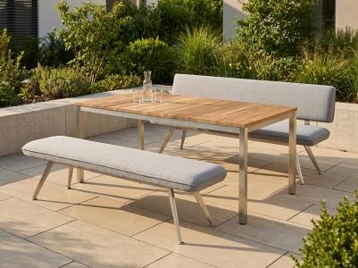 Babylon Bravour & Naxos Gartenm&ouml;belset, 2 Sitzb&auml;nke 150cm, 1 Tisch 180x90cm aus recyceltem Teak