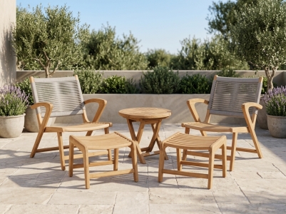 Agadir-Poker Loungeset Teak, 2 Loungessel, 2 Fu&szlig;hocker und 1 Beistelltisch