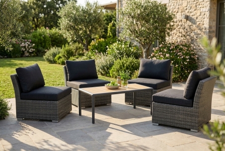 Rocking & Gordon Loungeset, 4 Sessel mit Polster und 1 Loungetisch 140x65x55cm