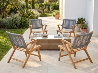 San Marino & Agadir Loungeset, 4 Sessel Teak und 1 Loungetisch 126x79x33cm mit Glasplatte