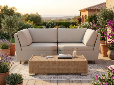 Beluga & San Marino Set, 2 Eckteile mit Polster und 1 Loungetisch 126x79x33cm mit Glasplatte