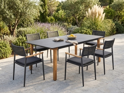 Zebra Lenyx & Ant Gartenm&ouml;belset, 6 Stapelsessel, 6 Sitzkissen und 1 Tisch 220x95cm