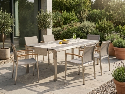 Zebra Zix-Kubex Gartenm&ouml;belset, 6 Stapelsessel und 1 Ausziehtisch 190-300x100cm HPL-vulcanic stone