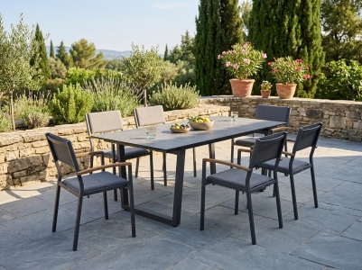 Zebra Unyx-Quadux Gartenm&ouml;belset, 6 Stapelsessel gepolstert und 1 Tisch 220x100cm