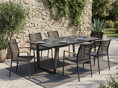 Zebra Spider Rope - Unyx Gartenm&ouml;belset, 6 Stapelsessel und 1 Tisch 220x100cm mit HPL-Tischplatte
