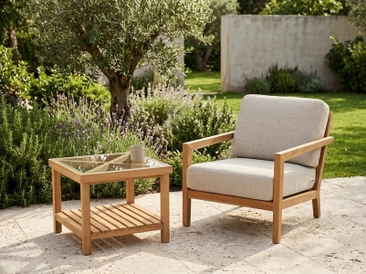 Brafab Popul&auml;r-Varm Loungeset aus Teakholz, 1 Loungesessel und 1 Loungetisch 55x55x45cm mit Glasplatte