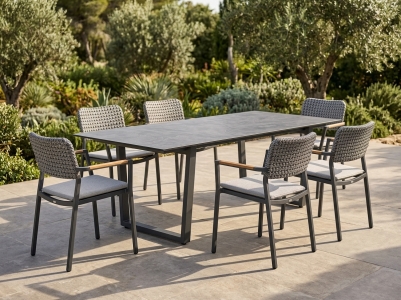 Zebra Yobex arabesque - Unyx Gartenm&ouml;belset, 6 Stapelsessel und 1 Tisch HPL 220x100cm