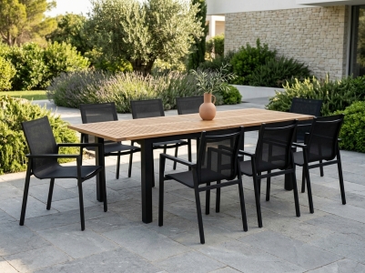 Brafab Lyon - Delia Gartenm&ouml;bel-Set schwarz, 8 Stapelsessel und 1 Ausziehtisch 224-304x100cm