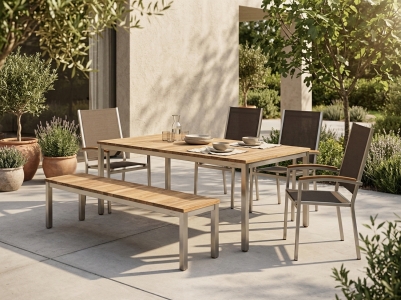 Zebra Naxos-Pontiac Gartenm&ouml;belset aus recyceltem Teakholz, 4 Stapelsessel hoch, 1 Bank und 1 Tisch 180x100cm