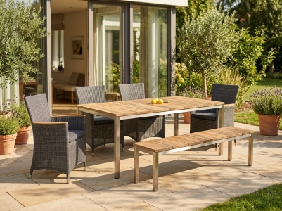 Zebra Naxos-Status Gartenm&ouml;belset aus recyceltem Teakholz, 4 Sessel mit Kissen, 1 Bank und 1 Tisch 180x100cm