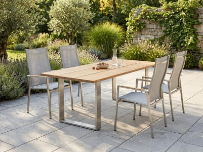 Niehoff M&ouml;bel Outdoor Noah - Scalea Set, 4 Stapelsessel und 1 Teaktisch ge&ouml;lt 200x95cm