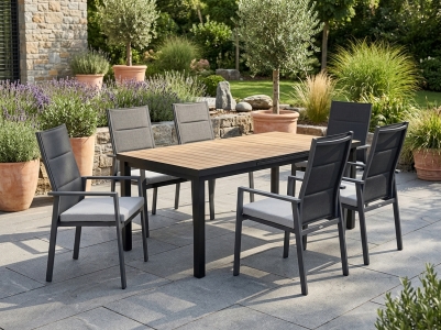 Niehoff Gartenm&ouml;belset Nancer-Nantes, 6 Hochlehner mit Kissen und 1 Ausziehtisch 180-240x100cm, Tischplatte Teak geb&uuml;rstet
