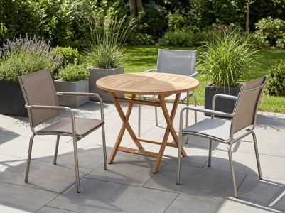 Nils - Poker Gartenm&ouml;belset, 2 Sessel taupe, 1 Sessel grau und 1 Teaktisch 90cm rund