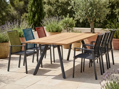 Niehoff M&ouml;bel Outdoor Noah - Cervo Gartenm&ouml;belset, 6 Hochlehner stapelbar, 1 Tisch Teak geb&uuml;rstet 200x95cm