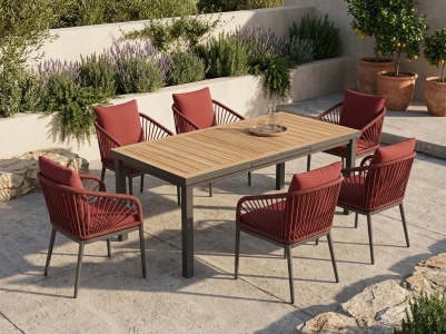 Niehoff M&ouml;bel Outdoor Pino - Nantes Set, 6 Designsessel und 1 Ausziehtisch 180-240x100cm, Teak geb&uuml;rstet