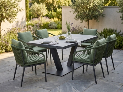 Niehoff M&ouml;bel Outdoor Pino - Prano Set, 6 Sessel und 1 Ausziehtisch, 180-240x100cm Glaskeramik Holzoptik