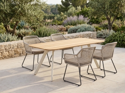 Niehoff M&ouml;bel Outdoor Lido - Muro Gartenm&ouml;belset Ivory, 4 Sessel und 1 Tisch  180x95cm, Tischplatte Teak ge&ouml;lt