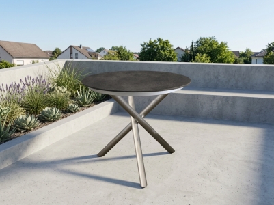 Zebra Mikado Tischsystem, Gestell Edelstahl, Tischplatte HPL volcanic stone
