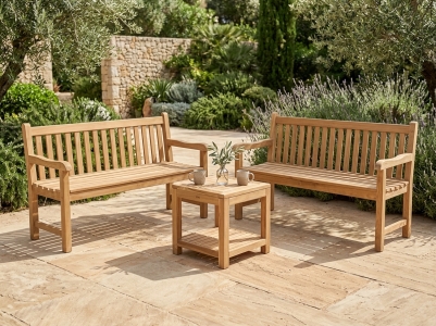 Zebra Yachtclub Gartenbank-Set aus Teakholz, 2 B&auml;nke 160cm und 1 Beistelltisch 45x45cm