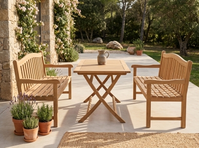 Zebra Pagodenbank-Set aus Teakholz, 2 B&auml;nke 130cm und 1 Klapptisch 120x70cm