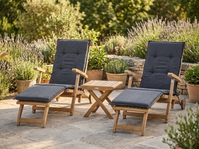 Zebra Bueno & Brasilia Deckchair-Set aus Teakholz, 2 Deckchair mit Kissen und 1 Hocker 47x49cm
