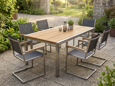 Zebra Kubex-Pontiac Gartenm&ouml;belset, 6 Schwingsessel und 1 Ausziehtisch Teak 220-340x100cm aus recyceltem Teakholz