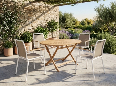 Fresco-Poker Gartenm&ouml;belset, 4 Stapelsessel und 1 Teaktisch 140x90cm